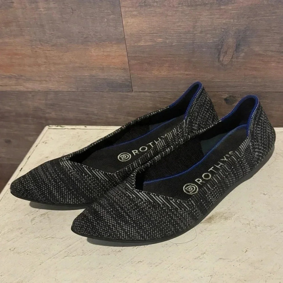 ROTHY’S Granite Heather black gray The Point Flats Womens Size 7 Blue Trim - Picture 1 of 10